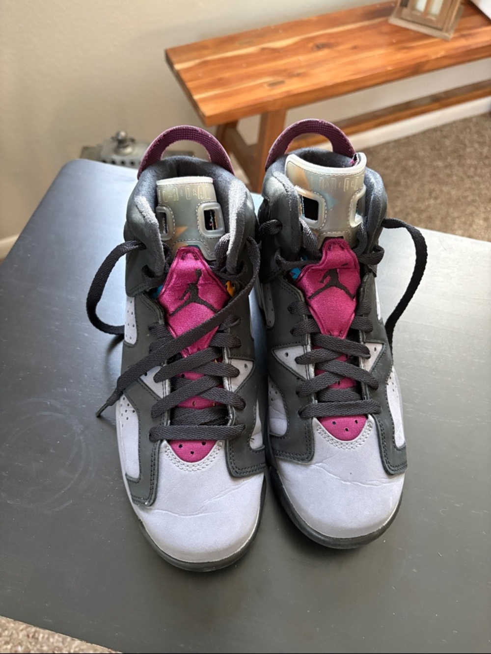 Jordan High-Top Sneakers in Gray and Magenta